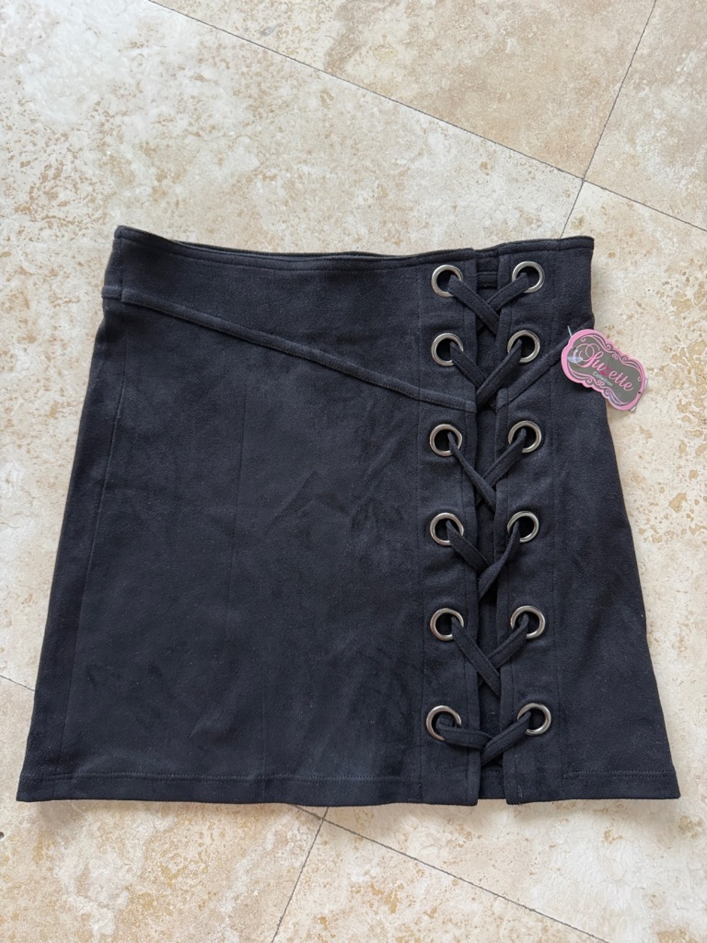 Suede-Style Black Mini Skirt with Eyelet Lace-Up